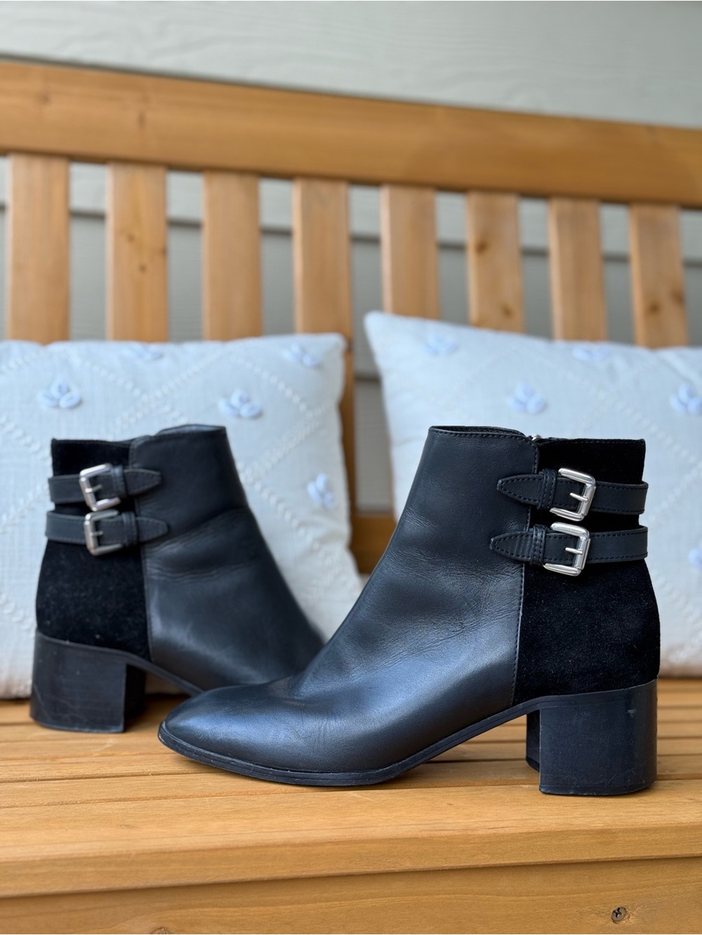 Grigiarancio Black Italian Leather & Suede Double Buckle Ankle Boots